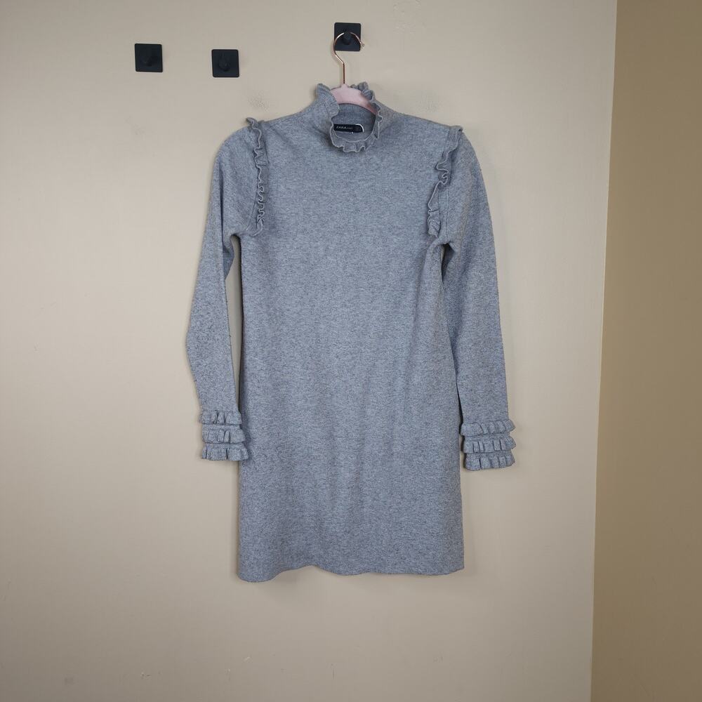 Zara Knit Ruffle Sweater Mini Dress in Grey Size M